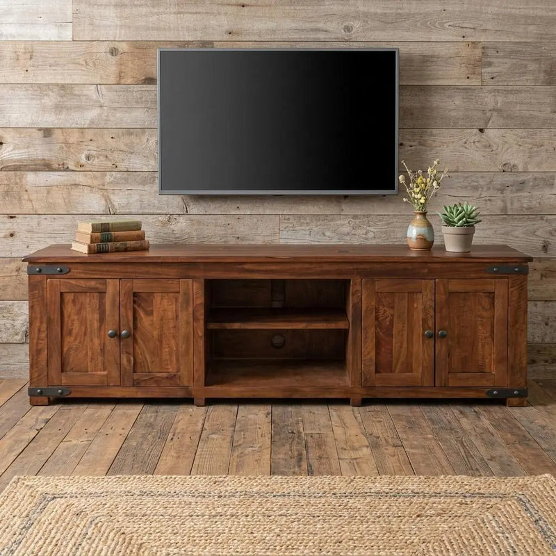 93" Brown Solid Wood Cabinet Enclosed Storage Distressed TV Stand Homeroots Living Room