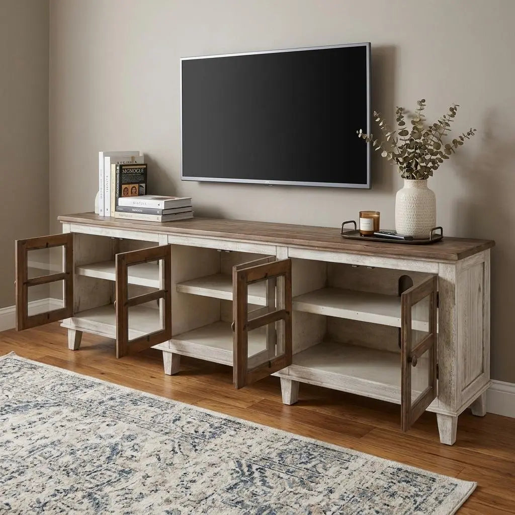 93" Gray and Ivory Solid Wood Cabinet Enclosed Storage Distressed TV Stand Homeroots Living Room