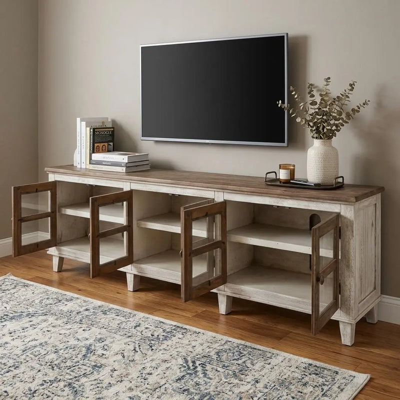 93" Gray and Ivory Solid Wood Cabinet Enclosed Storage Distressed TV Stand Homeroots Living Room