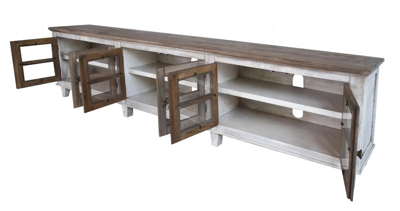 93" Gray and Ivory Solid Wood Cabinet Enclosed Storage Distressed TV Stand Homeroots Living Room