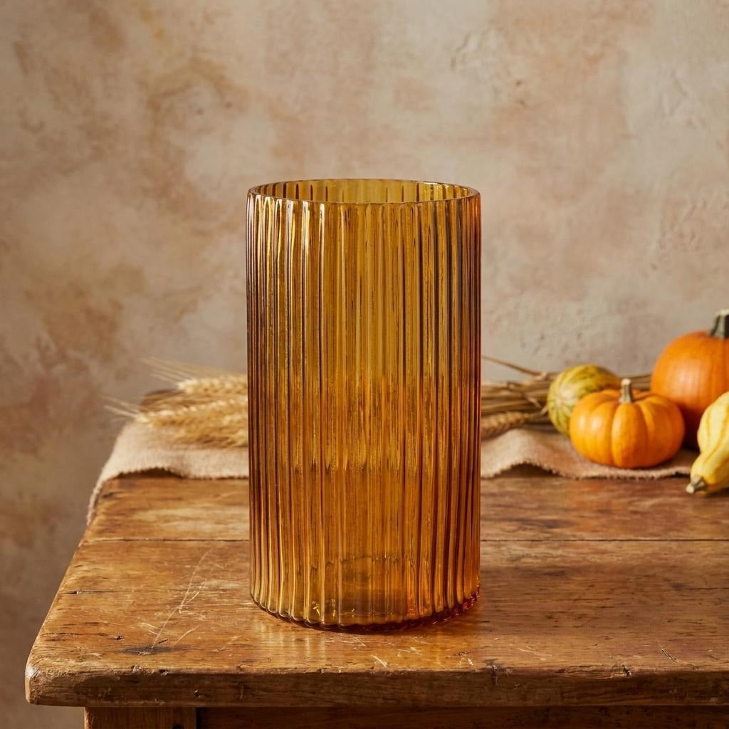 8" Amber Cylinder Ribbed Glass Table Vase - Home & Garden