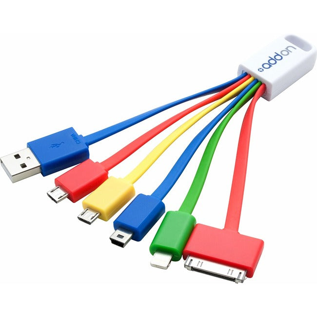 AddOn 3in USB 2.0 (A) Male to 30-Pin, Lightning, Micro-USB and Mini-USB 2.0 (B) Male Multicolored 5-in-1 Charger -…