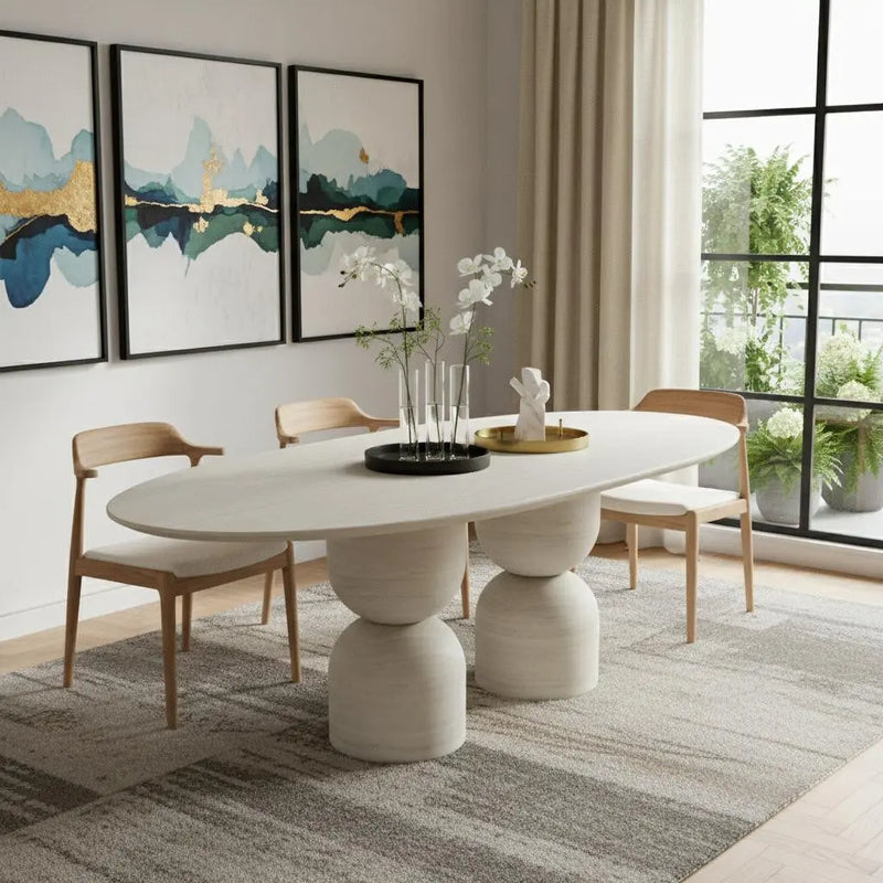 94" Beige Marble Double Pedestal Base Oval Dining Table Homeroots Kitchen & Dining