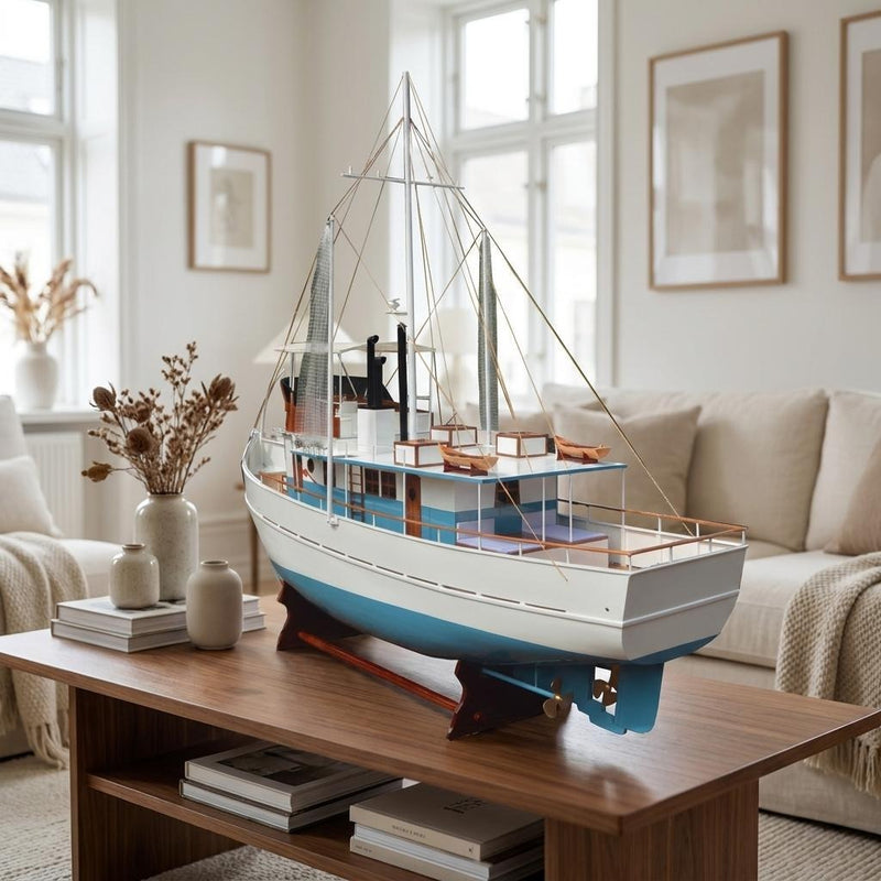 110" Blue And White Solid Wood Hand Painted Model Boat - Home Decor