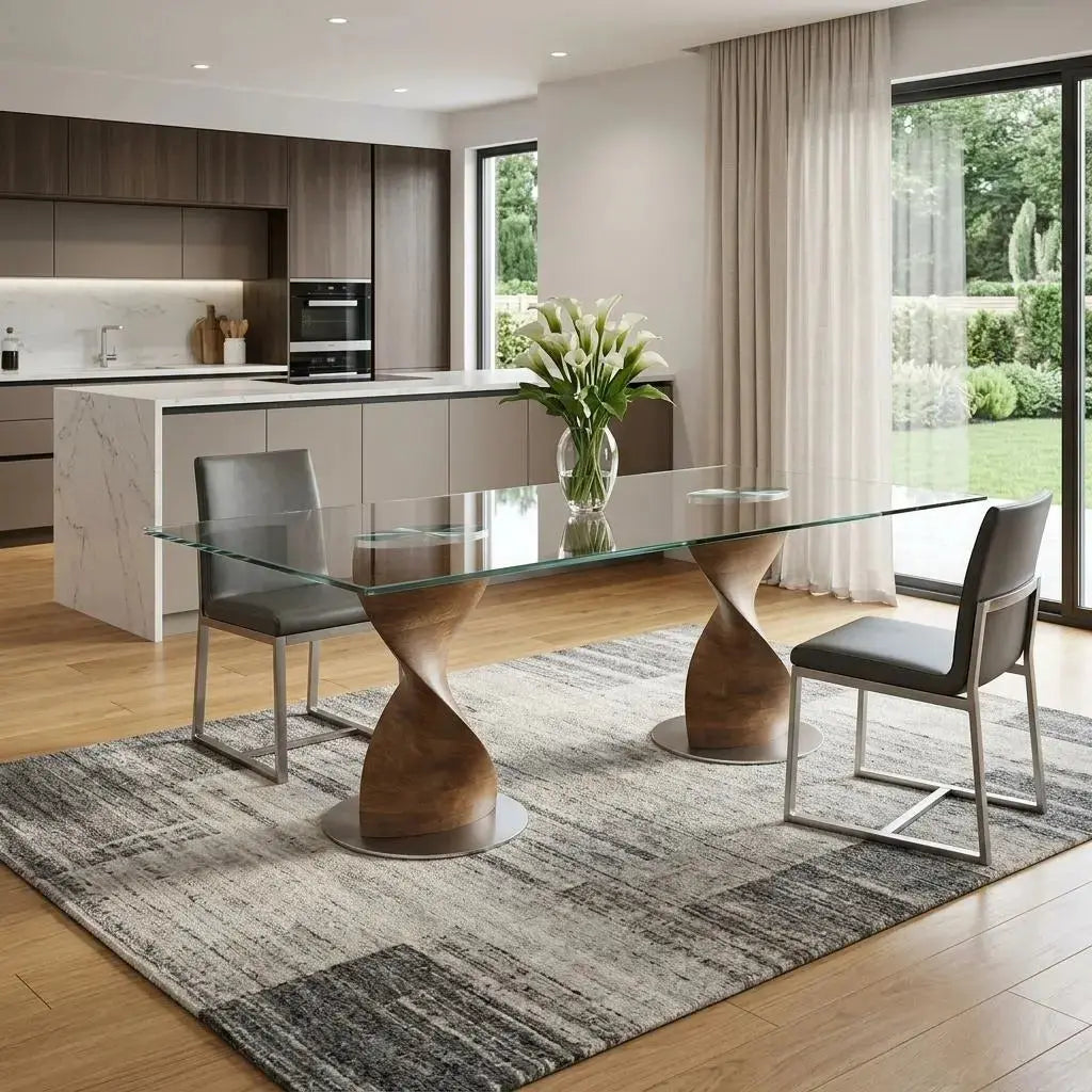 95" Clear And Brown Glass And Solid Wood Double Pedestal Base Dining Table Homeroots Kitchen & Dining