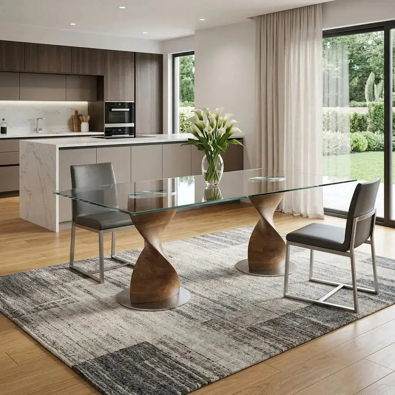 95" Clear And Brown Glass And Solid Wood Double Pedestal Base Dining Table Homeroots Kitchen & Dining