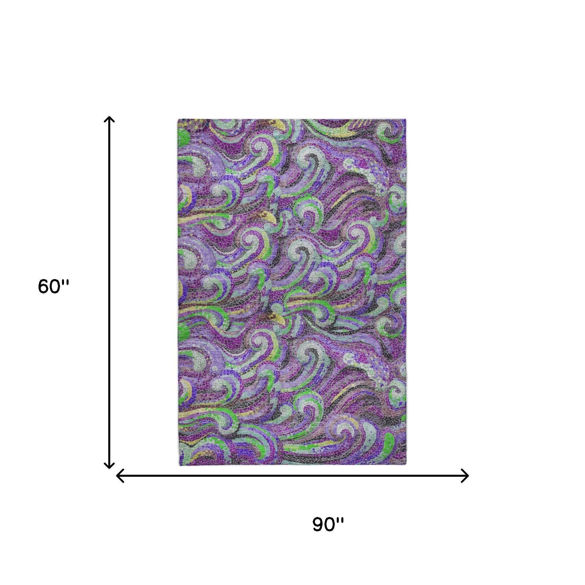 5' X 8' Purple And Violet Abstract Shag Washable Area Rug With UV Protection - Home & Garden