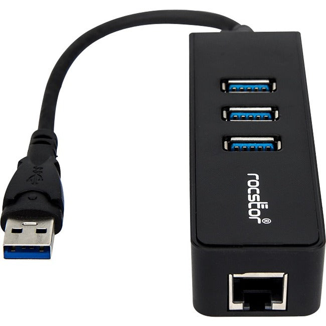 Rocstor Premium 3 Port Portable USB 3.0 Hub with Gigabit Ethernet 10/100/1000- External Portable 3 Port USB Hub with GbE Adapter - Built-In Cable - USB - 3 USB Port(s) - 1 Network (RJ-45) Port(s) - Black - PC, Mac USB 3 HUB & NETWORK ADAPTER - GreatEagleInc