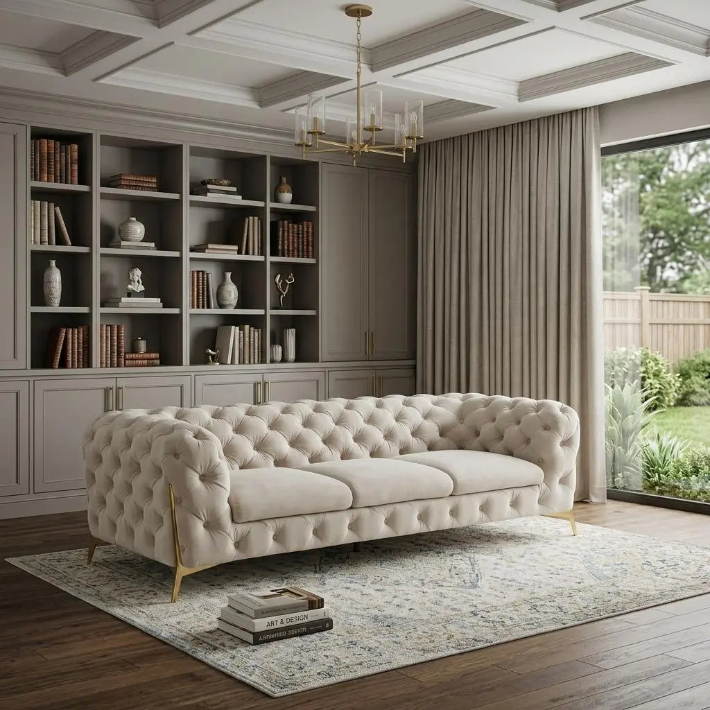 97" Beige Velvet Sofa With Gold Legs Homeroots Living Room