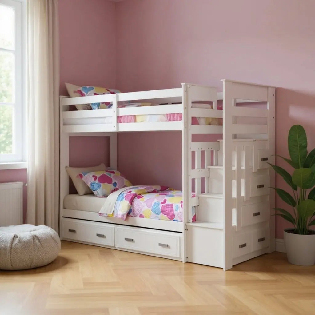 97" X 43" X 68" Twin Over Twin White Storage Ladder And Trundle  Bunk Bed Homeroots Bed & Bath