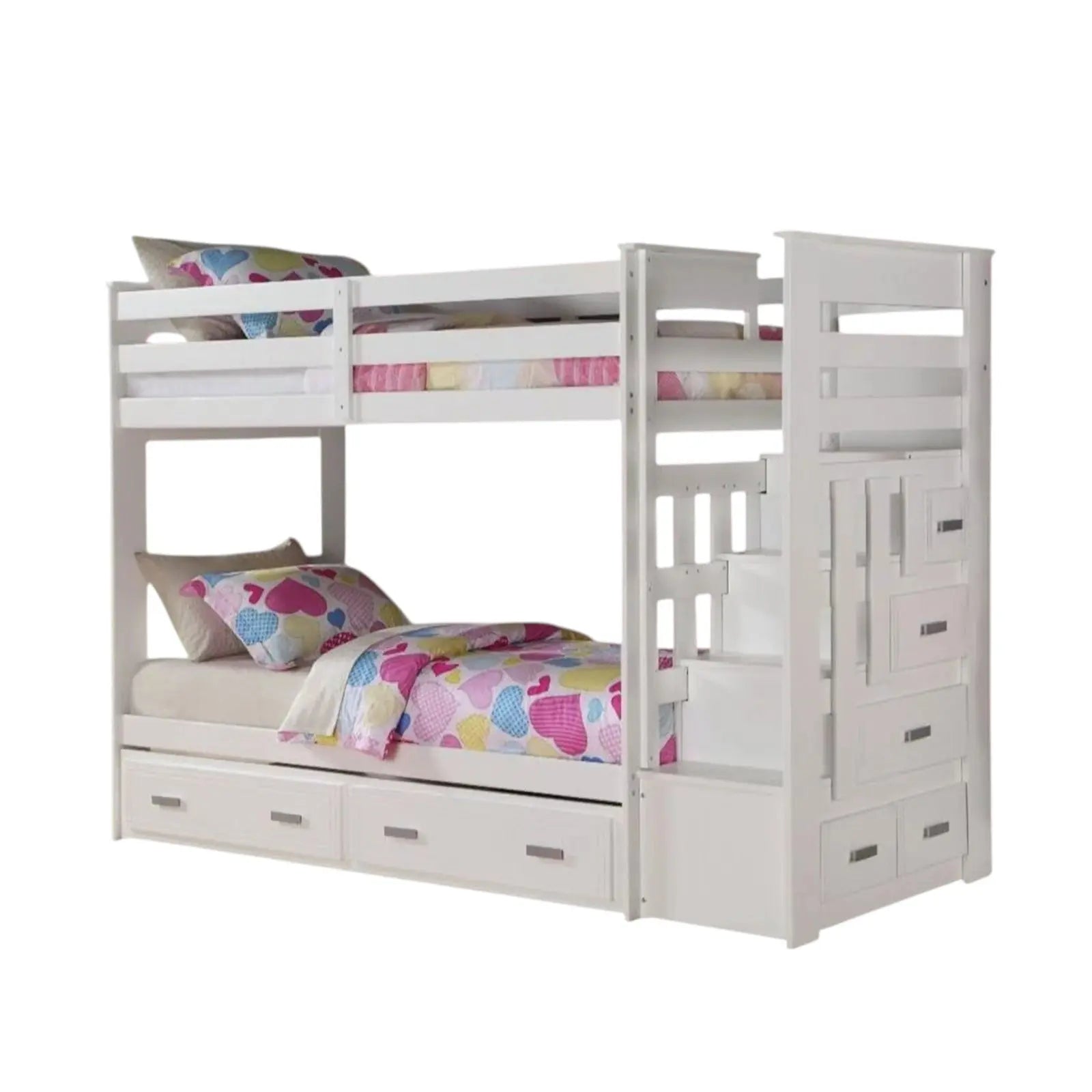 97" X 43" X 68" Twin Over Twin White Storage Ladder And Trundle  Bunk Bed Homeroots Bed & Bath