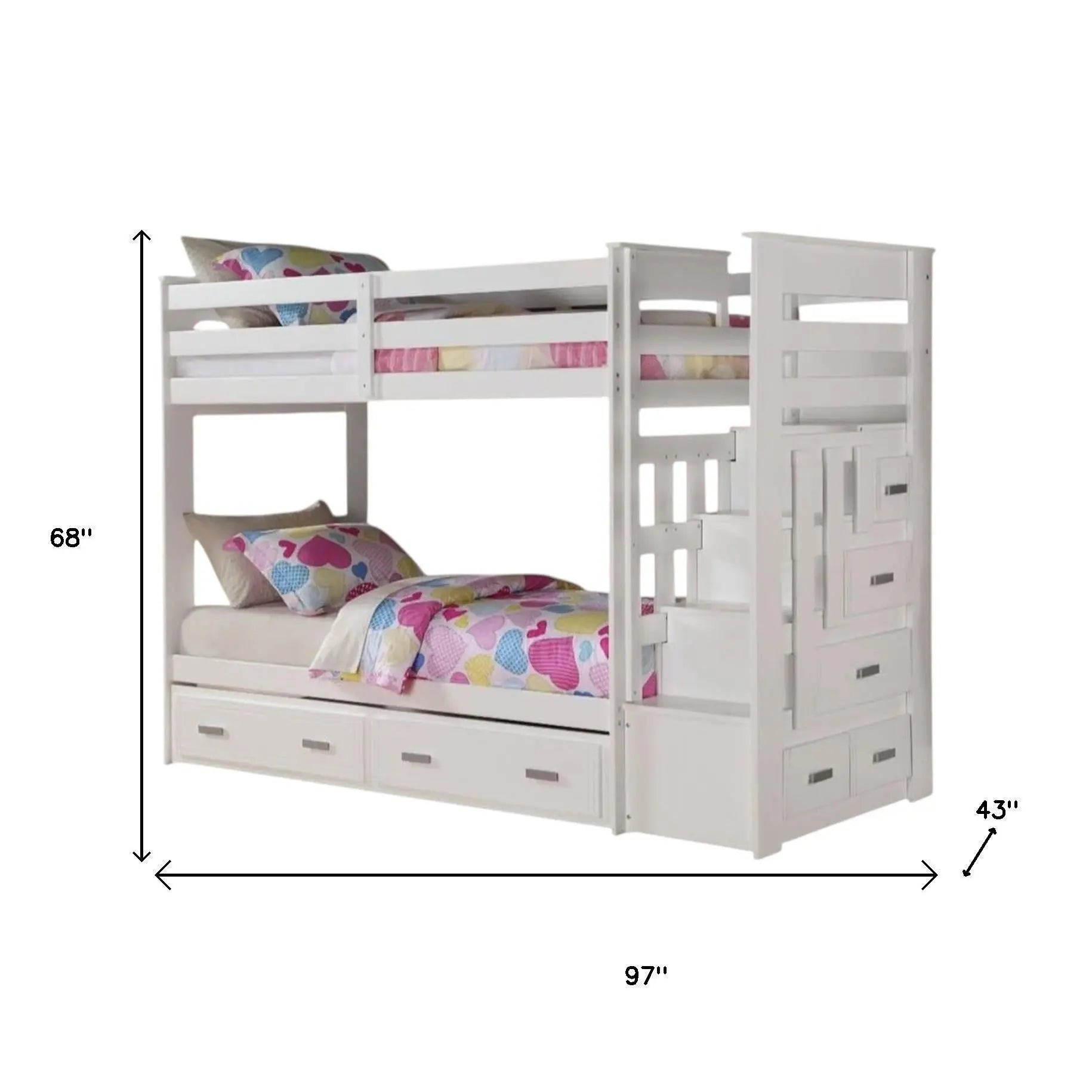 97" X 43" X 68" Twin Over Twin White Storage Ladder And Trundle  Bunk Bed Homeroots Bed & Bath