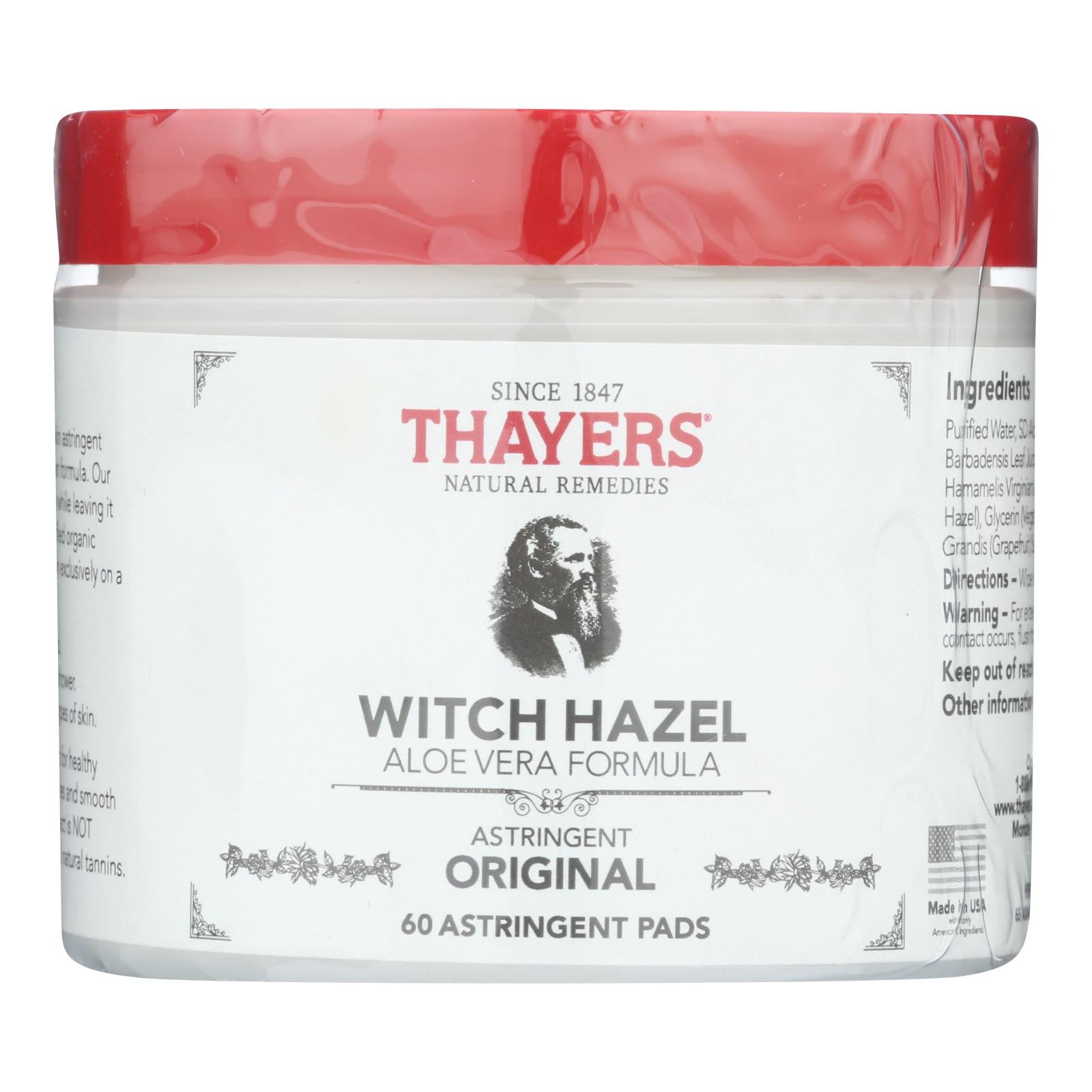 Thayers Witch Hazel With Aloe Vera - 60 Pads - GreatEagleInc