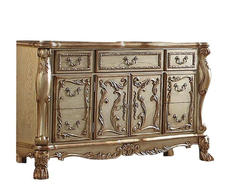 66" Gold Solid Wood Carved Scrollwork Seven Drawer Sideboard with Two Doors - Kitchen & Dining