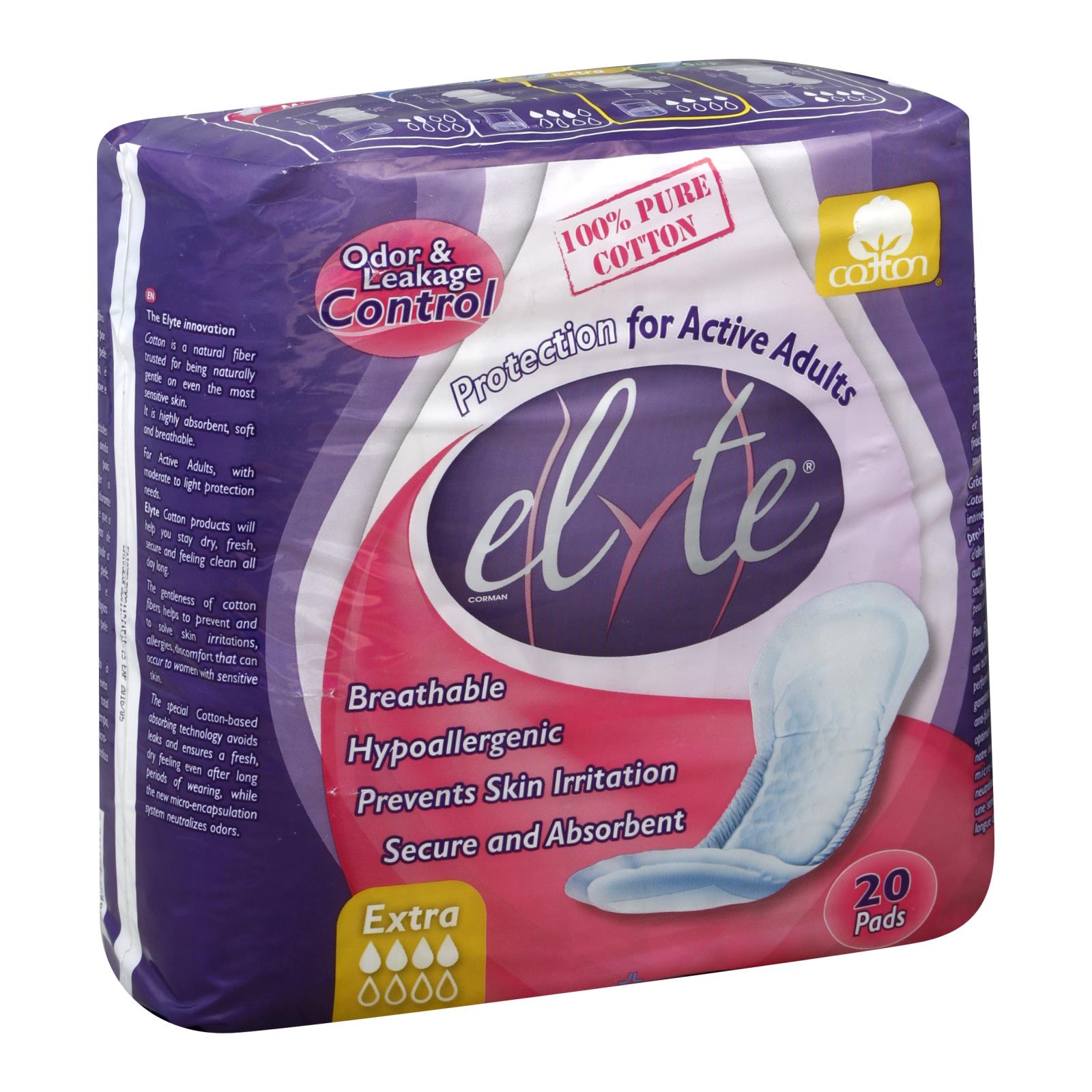 Elyte Light Cotton Incontinence Pads - Extra - 5 In X 13 In - 20 Pack - GreatEagleInc