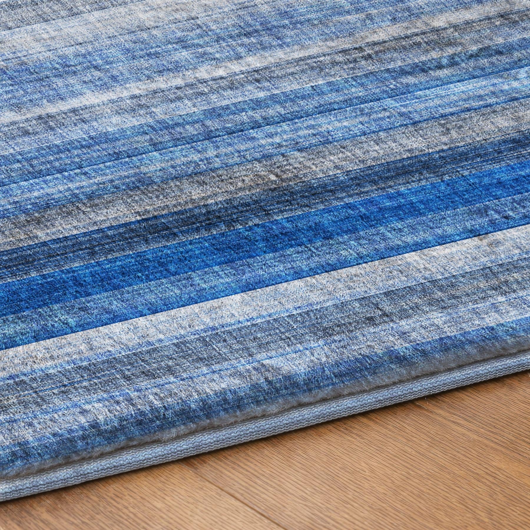 3' X 5' Blue And Gray Striped Shag Washable Area Rug With UV Protection - Home & Garden