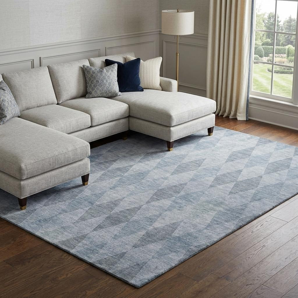 10' X 14' Denim Blue And Gray Geometric Shag Washable Area Rug With UV Protection - Home & Garden