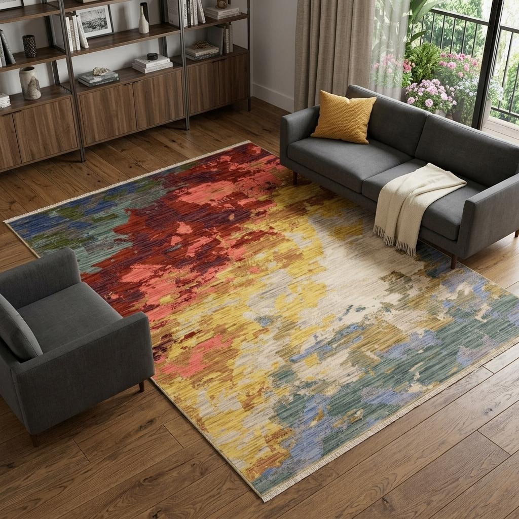 10' X 13' Beige Yellow And Rust Abstract Area Rug With Fringe - Home & Garden