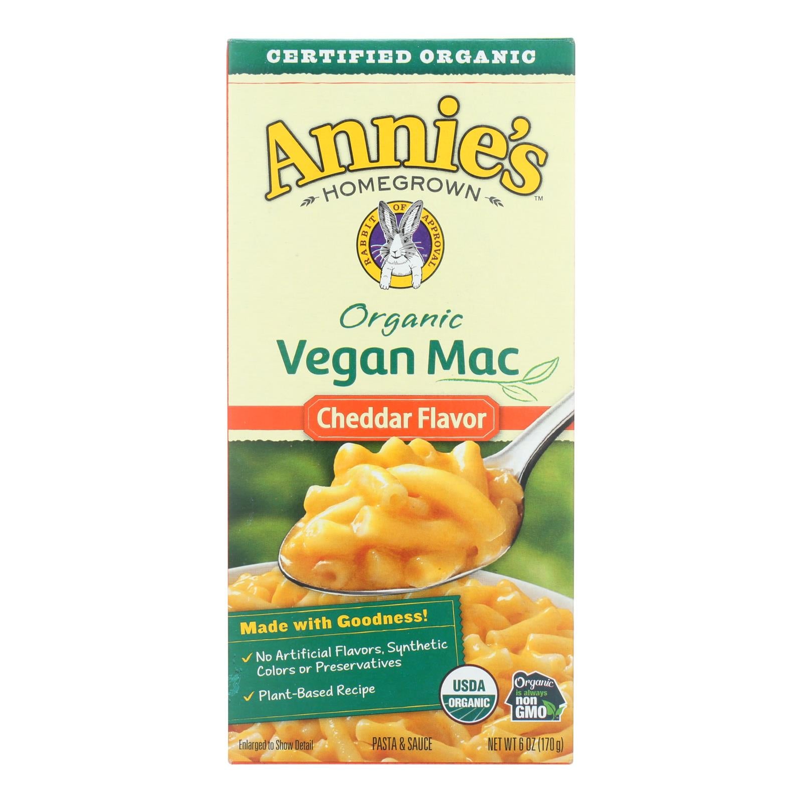Annie's Homegrown Organic Macaroni & Cheese - Vegan Cheddar Flavored - Case Of 12 - 6 Oz - GreatEagleInc