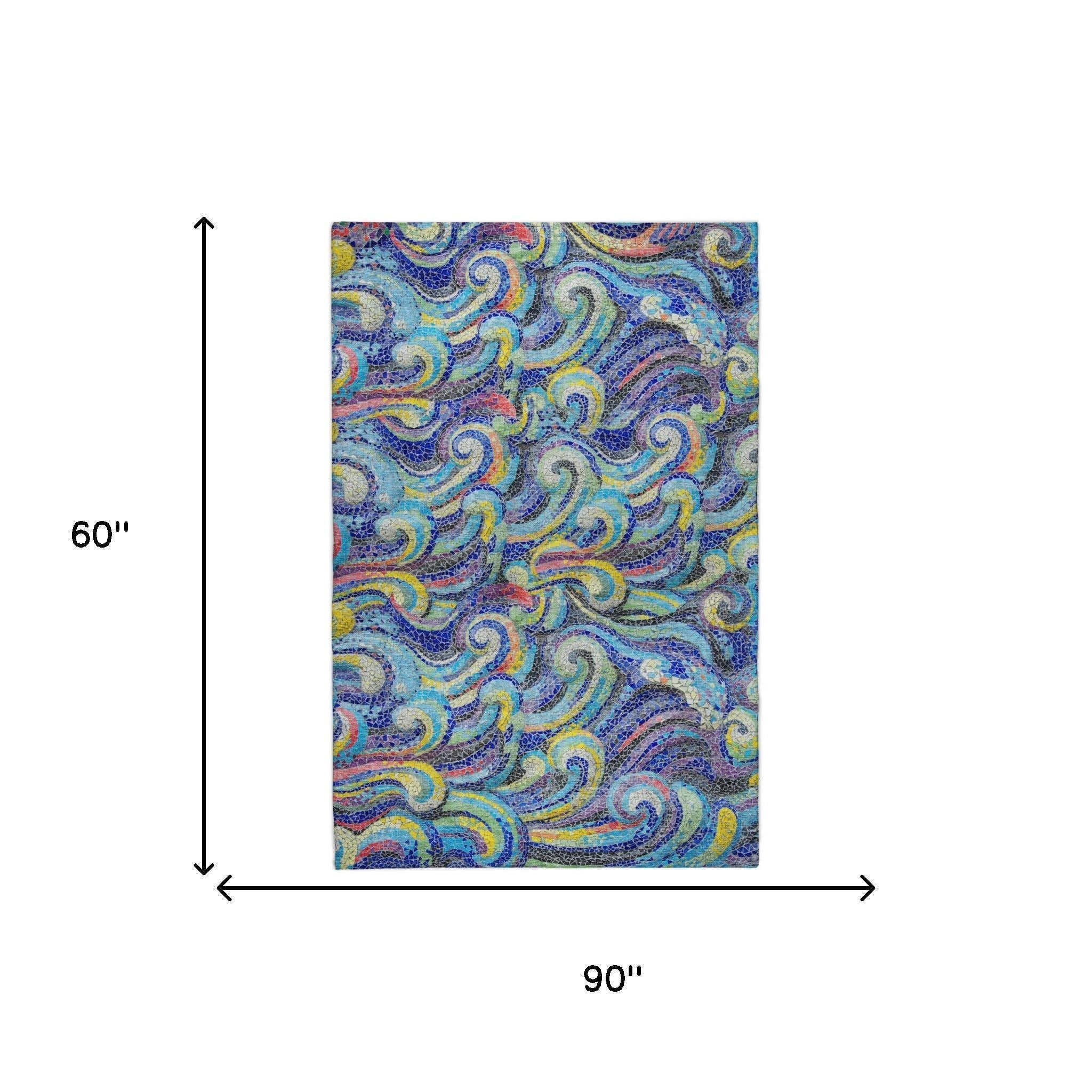 5' X 8' Blue And Red Abstract Shag Washable Area Rug With UV Protection - Home & Garden