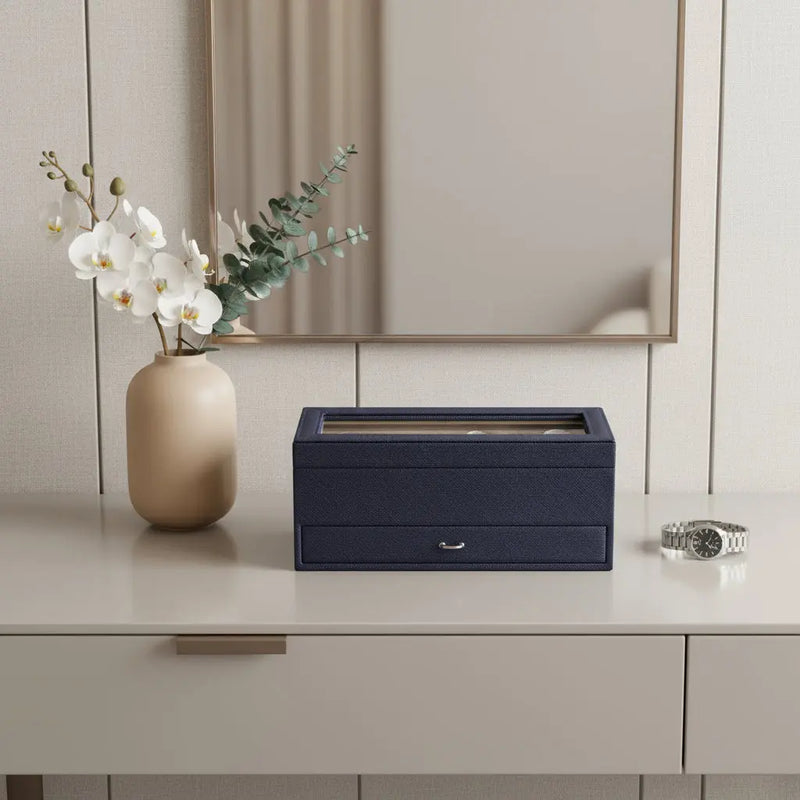 9" Blue And Clear Faux Leather And Glass Four Section Watch Box With Metal Accents Homeroots Organization