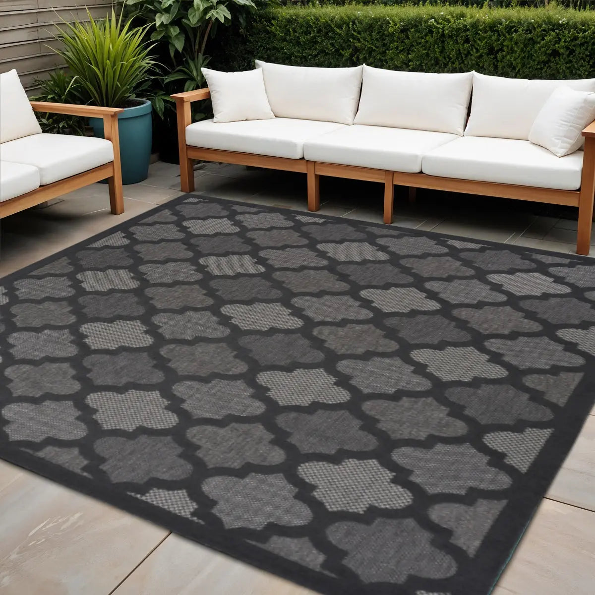 9' Charcoal And Black Square Trellis Indoor Outdoor Area Rug Homeroots Outdoor