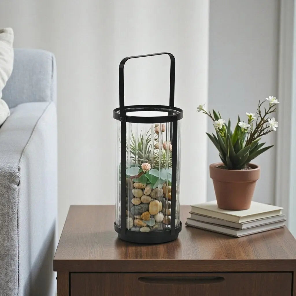 9" Clear And Black Glass And Metal Tabletop Lantern Candle Holder Homeroots Home Decor