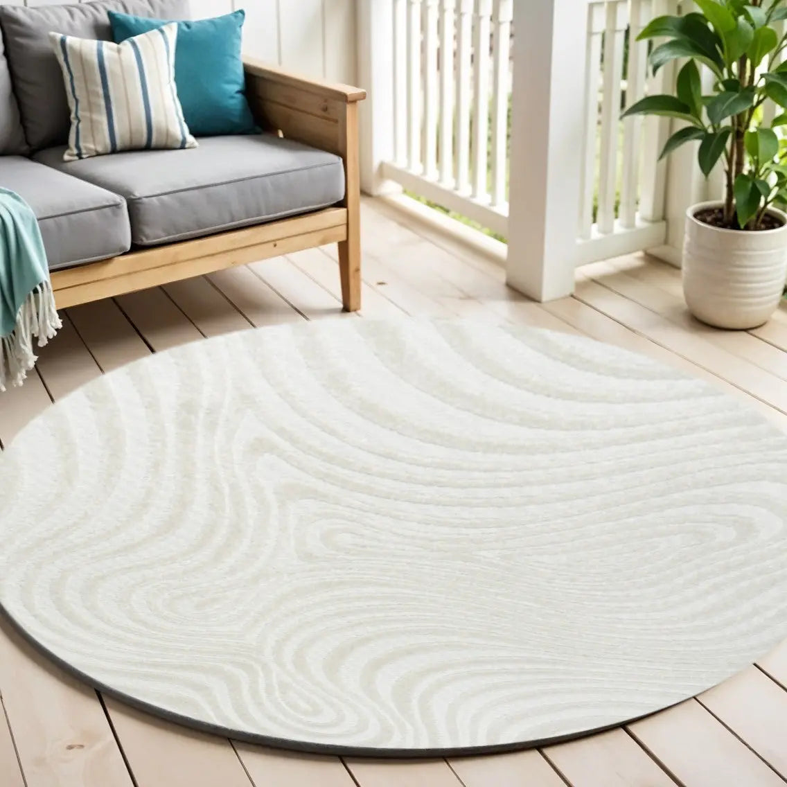 9' Cream And Ivory Round Abstract Indoor Outdoor Area Rug Homeroots Outdoor