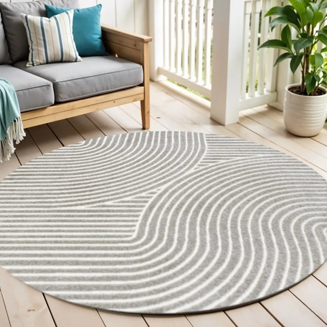 9' Gray And Ivory Round Striped Indoor Outdoor Area Rug Homeroots Outdoor