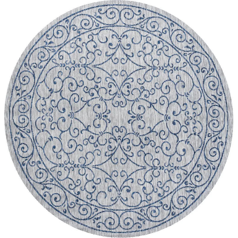 9' Gray And Navy Blue Round Medallion Indoor Outdoor Area Rug Homeroots Outdoor