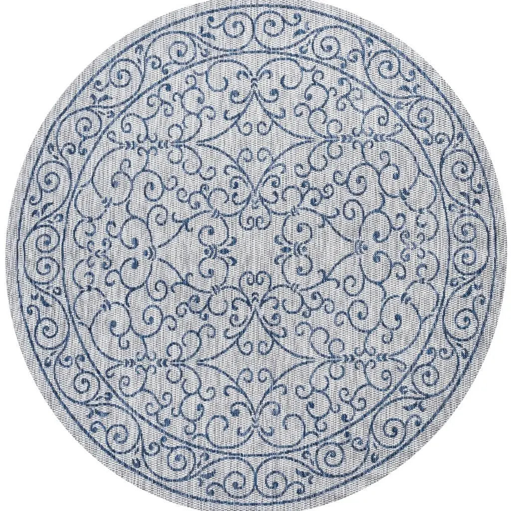 9' Gray And Navy Blue Round Medallion Indoor Outdoor Area Rug Homeroots Outdoor