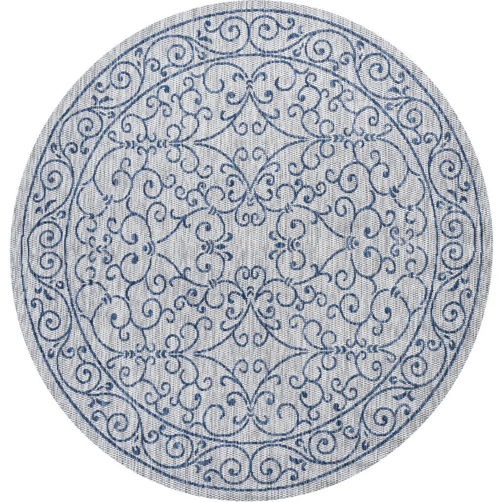 9' Gray And Navy Blue Round Medallion Indoor Outdoor Area Rug Homeroots Outdoor