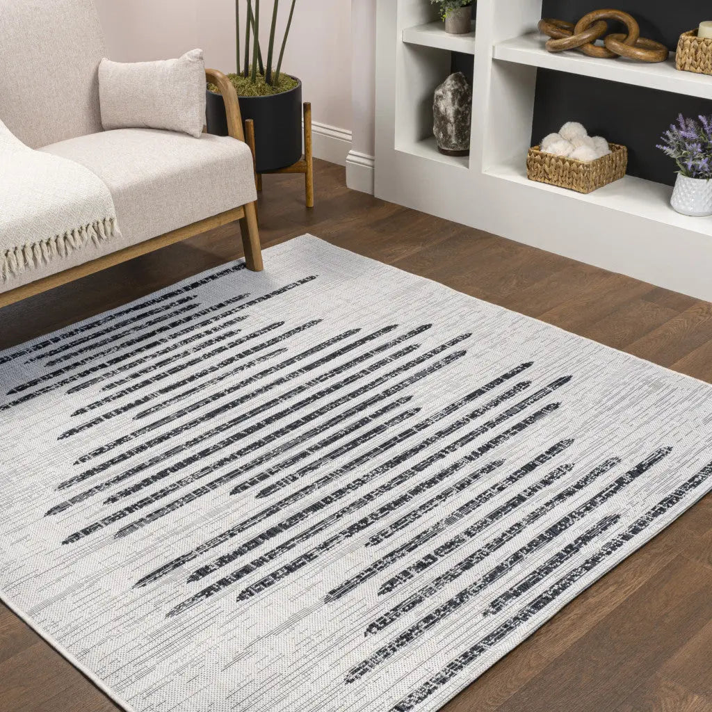 9' Ivory And Black Square Striped Indoor Outdoor Area Rug - GreatEagleInc