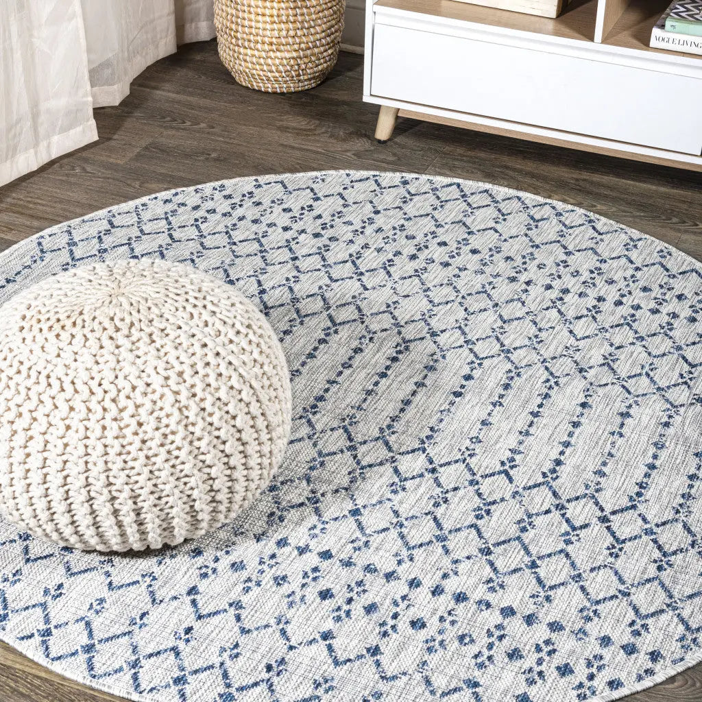 9' Light Gray And Navy Blue Round Trellis Indoor Outdoor Area Rug Homeroots Outdoor