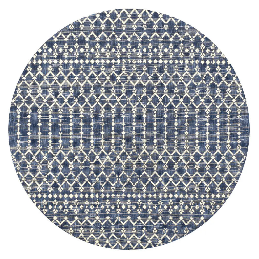 9' Navy Blue And Beige Round Trellis Indoor Outdoor Area Rug Homeroots Outdoor