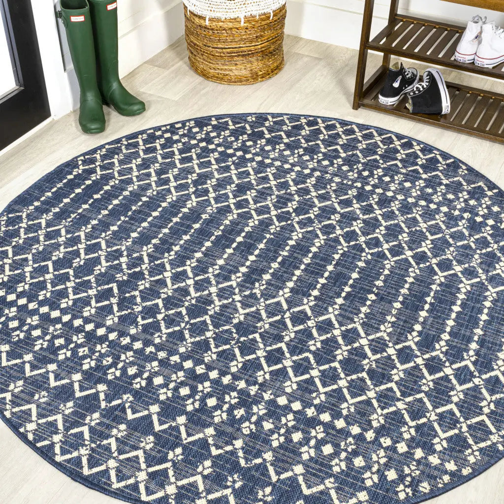 9' Navy Blue And Beige Round Trellis Indoor Outdoor Area Rug Homeroots Outdoor