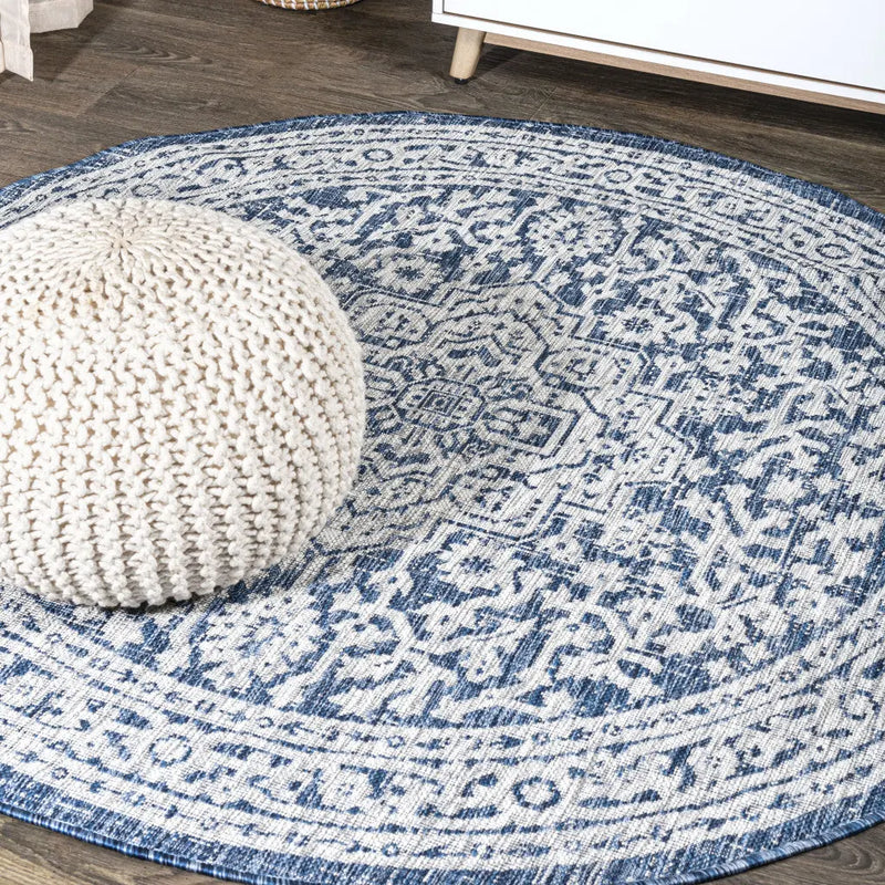 9' Navy Blue And Gray Round Medallion Indoor Outdoor Area Rug Homeroots Outdoor