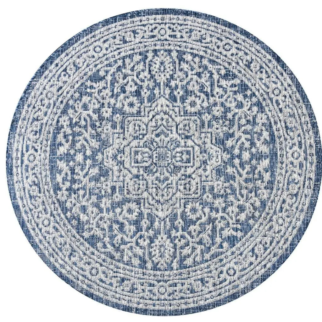 9' Navy Blue And Gray Round Medallion Indoor Outdoor Area Rug Homeroots Outdoor