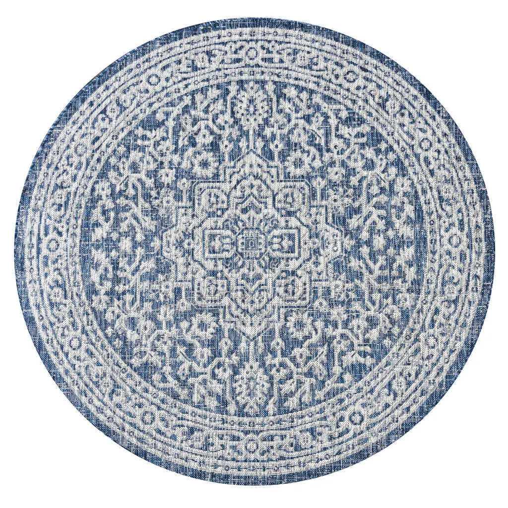 9' Navy Blue And Gray Round Medallion Indoor Outdoor Area Rug Homeroots Outdoor