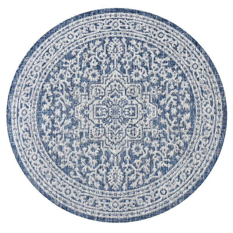 9' Navy Blue And Gray Round Medallion Indoor Outdoor Area Rug Homeroots Outdoor