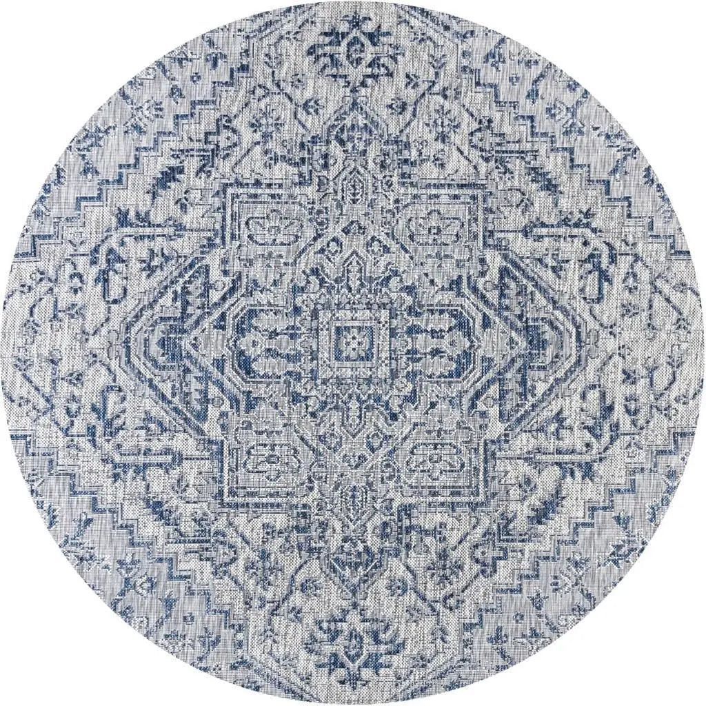 9' Navy Blue And Gray Round Medallion Indoor Outdoor Area Rug - GreatEagleInc