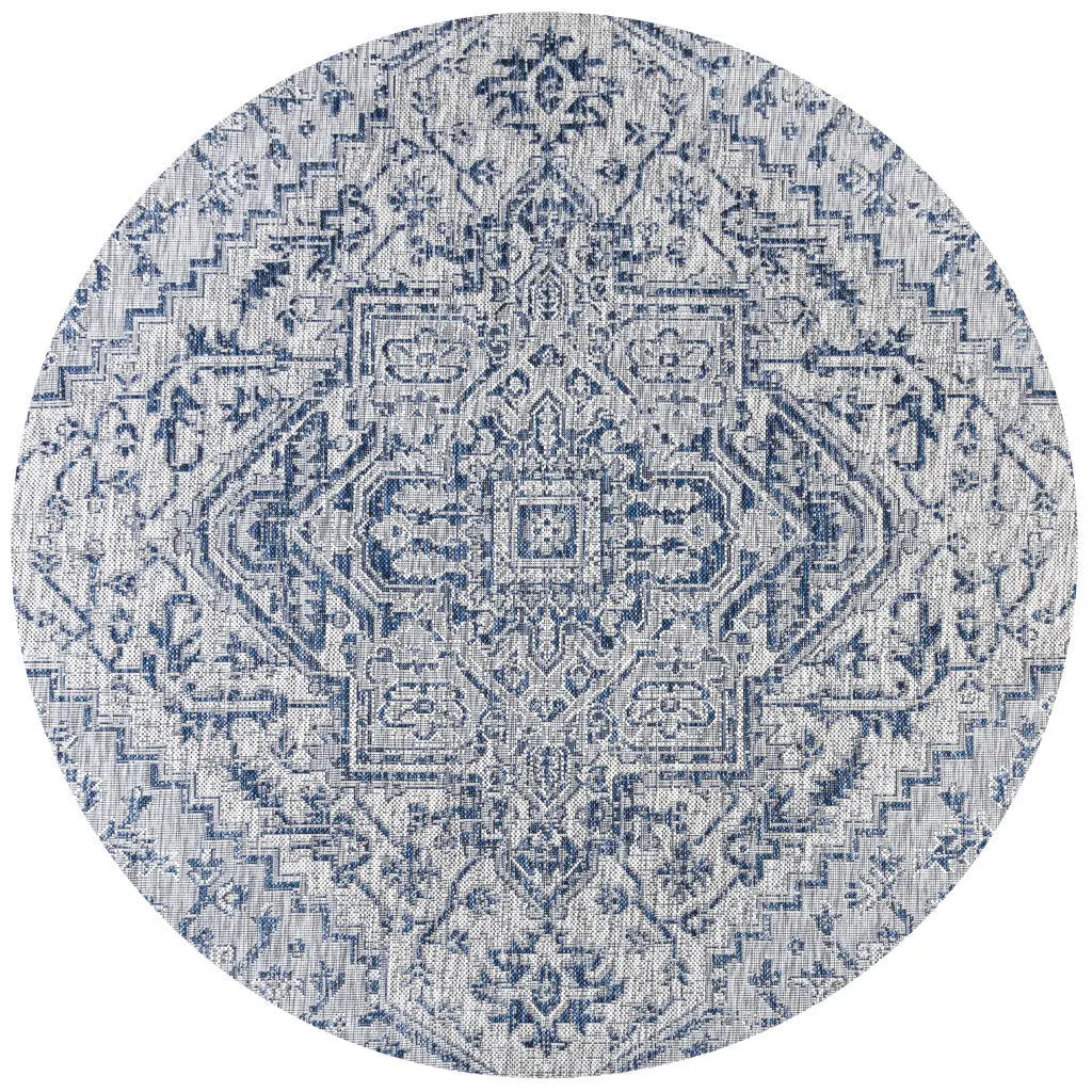 9' Navy Blue And Gray Round Medallion Indoor Outdoor Area Rug - GreatEagleInc