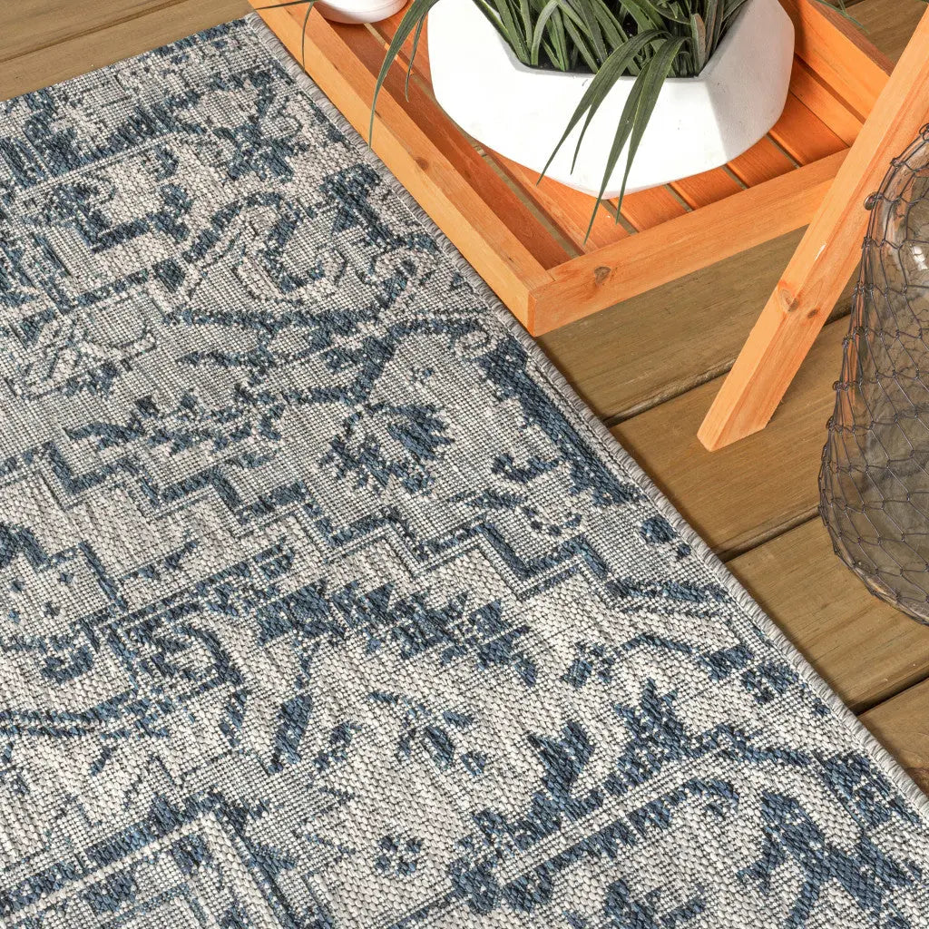 9' Navy Blue And Gray Round Medallion Indoor Outdoor Area Rug - GreatEagleInc
