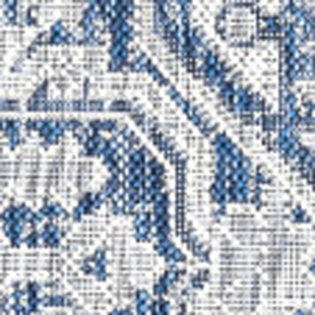 9' Navy Blue And Gray Square Medallion Indoor Outdoor Area Rug - GreatEagleInc