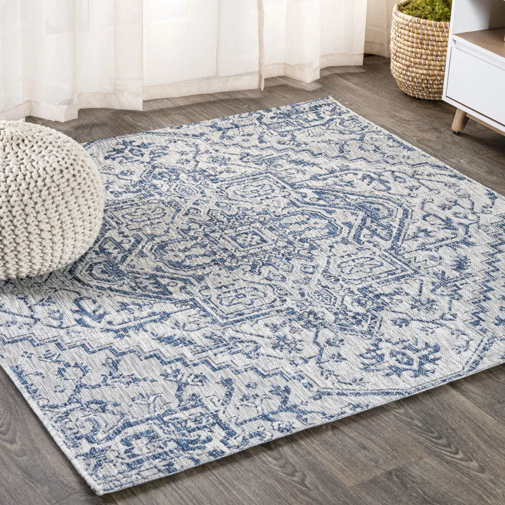 9' Navy Blue And Gray Square Medallion Indoor Outdoor Area Rug - GreatEagleInc