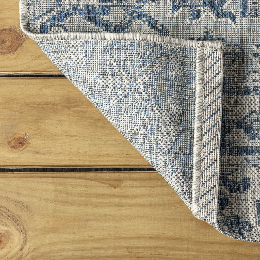 9' Navy Blue And Gray Square Medallion Indoor Outdoor Area Rug - GreatEagleInc