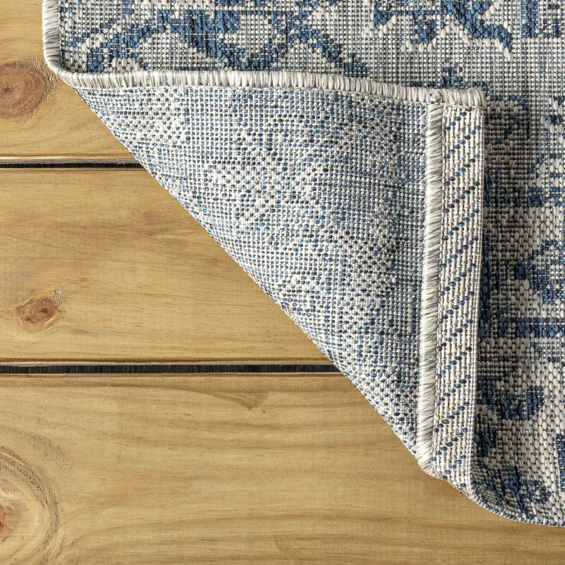 9' Navy Blue And Gray Square Medallion Indoor Outdoor Area Rug - GreatEagleInc
