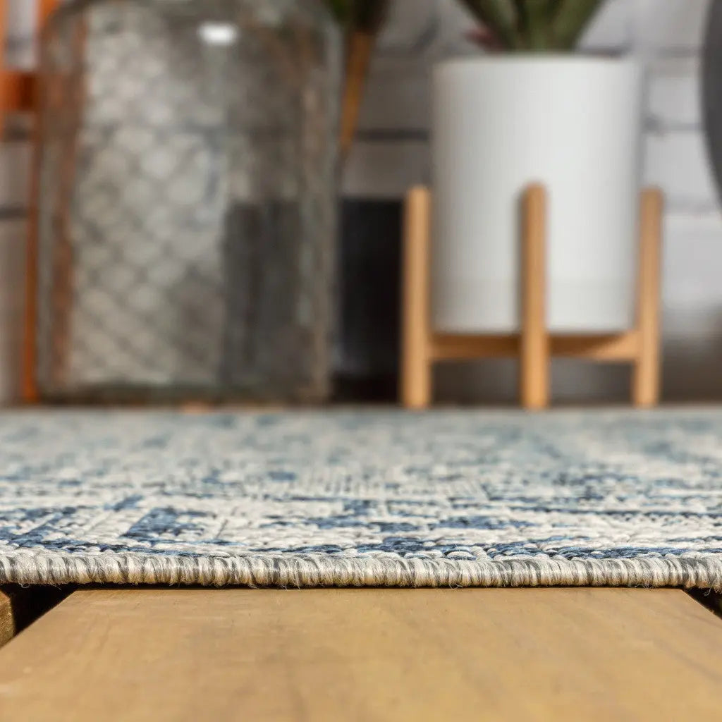 9' Navy Blue And Gray Square Medallion Indoor Outdoor Area Rug - GreatEagleInc