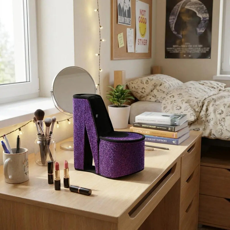 9" Purple And Black Glitter Velvet High Heel Jewelry Box Homeroots Organization