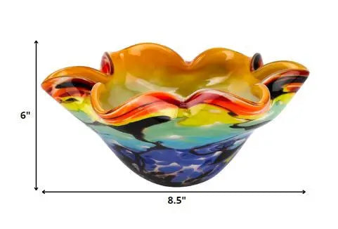 9" Rainbow Multi Art Glass Wavy Centerpiece Bowl Homeroots Kitchen & Dining